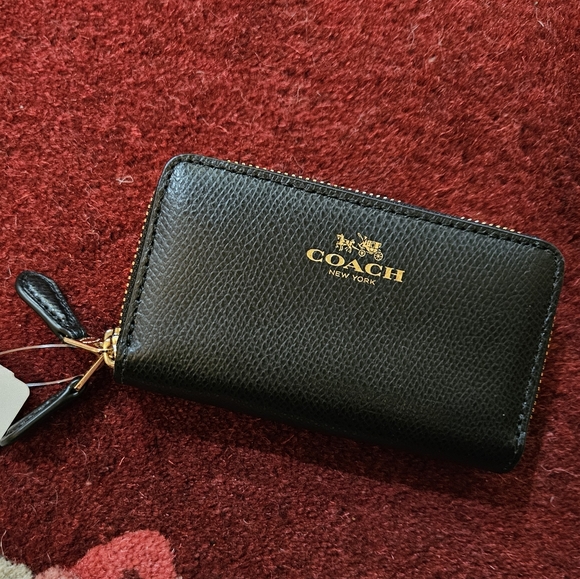 Coach Cross Grain Leather Double Zip Coin Case Black Light Gold Tone Hdwr NWT - Picture 2 of 15